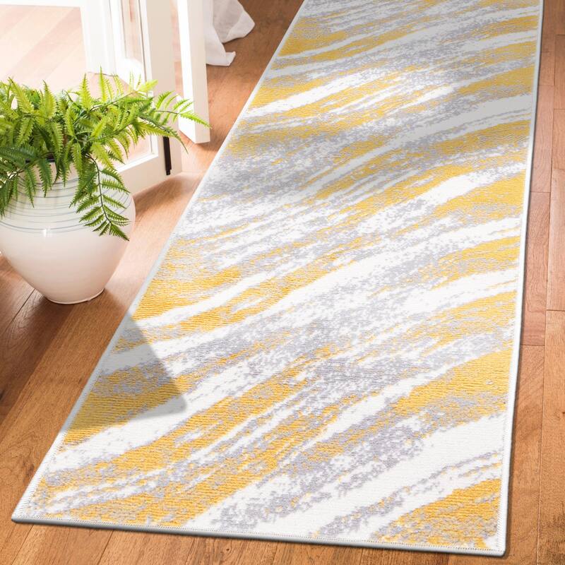 World Rug Gallery Modern Abstract Swirl Area Rug - 2'x7' Runner - Yellow - Runner/Rectangle