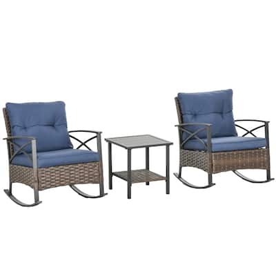 PE Rattan Rocking Chair Set with Cushions and Coffee Table - 25.5" W x 34.75" D x 31" H