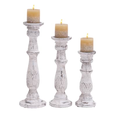 Mango Wood Candle Holder - Set of 3 White - Roche River Decor - 6"W x 6"L x 18"H