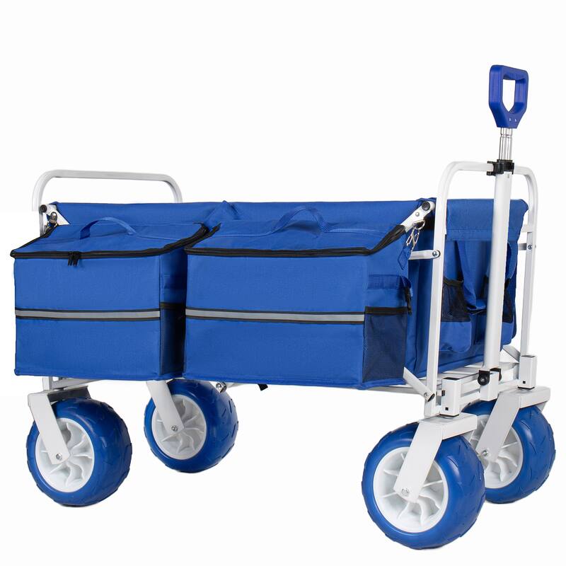 Beach Wagon Cart, 500lbs Heavy Duty Collapsible Folding Wagon, Oversized 150L, 9" PVC All-Terrain Wheels, Adjustable Handle - Blue
