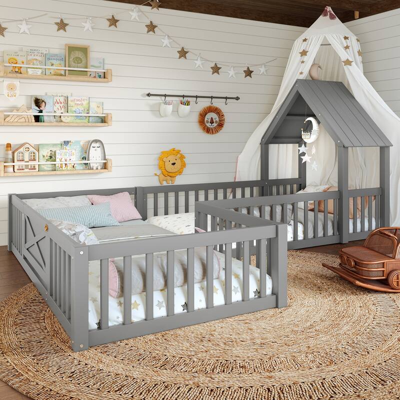 Twin Size House Floor Bed, Double Twin Floor Bed with Door and Full-length Guardrails, Multi-function Design