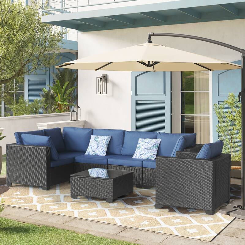 7PCS Outdoor Rattan Conversation Sets - Black