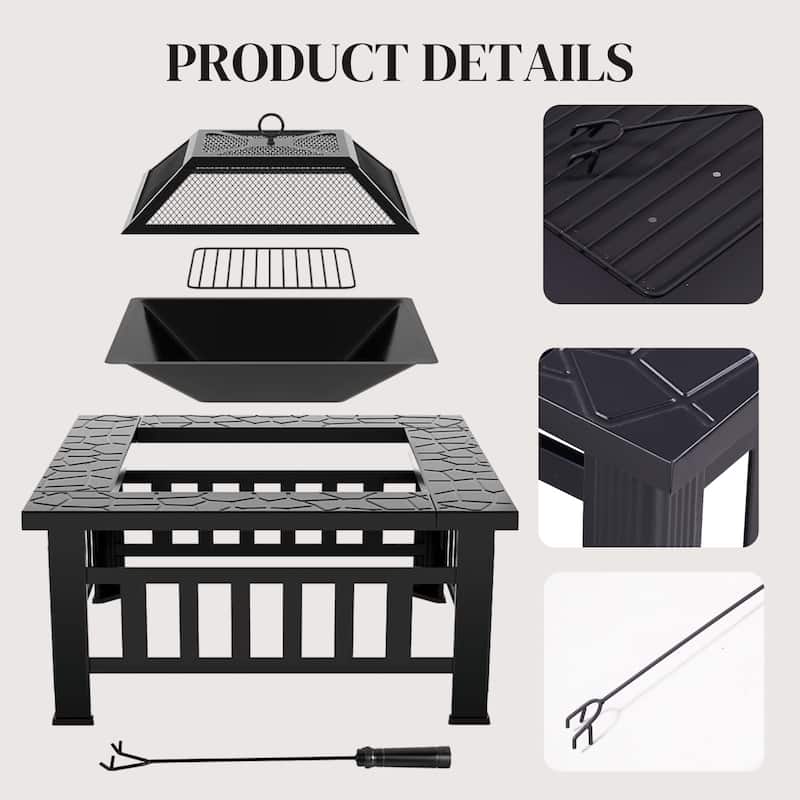 32Inch Outdoor– Wood Burning Fire Pit with Mesh Lid and Fire Picker, Outside Small Fire Pits for Backyard, Porch, Deck, BBQ