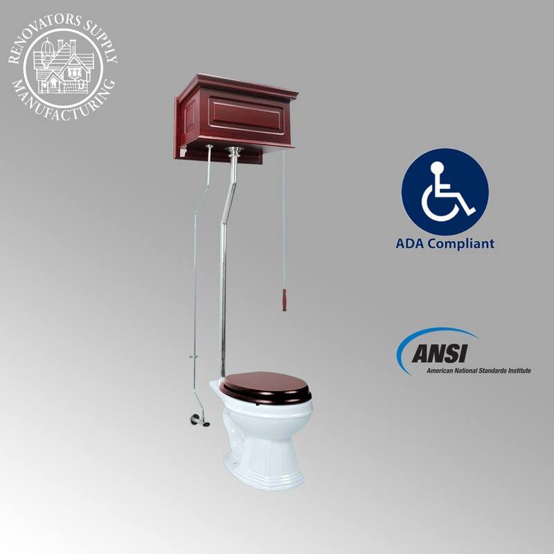Cherry Wooden High Tank Toilet Raised Tank, Elongated White Bowl and Chrome L Pipes