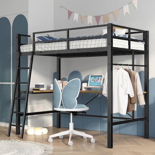 slide 2 of 7, Industrial Style Twin Metal Loft Bed with L-Shaped Desk,Safety Guard & Ladder Antique Black