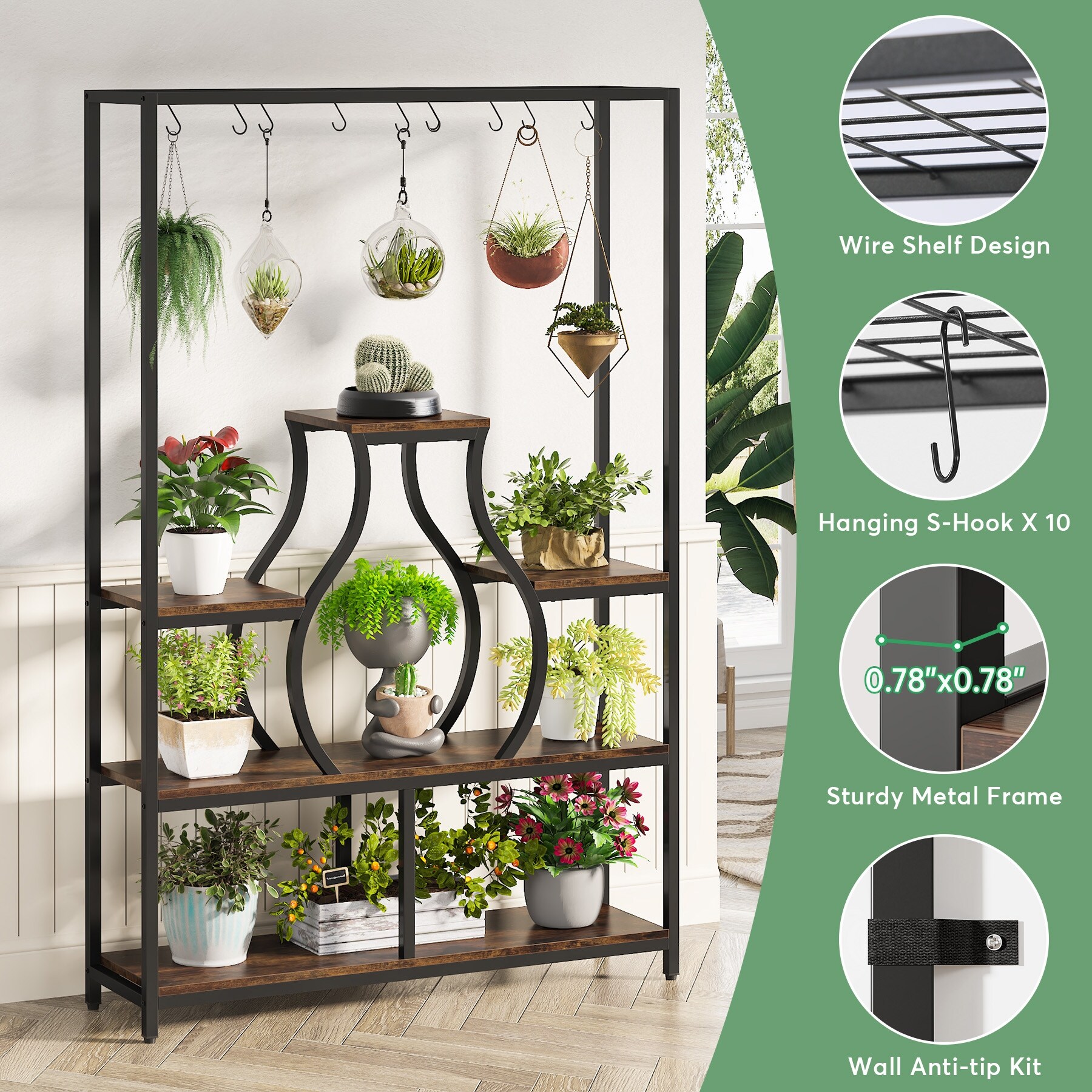 5-Tier Tall Indoor Plant Stand, Large Plant Shelf with 10PC S Hanging Hooks  - Bed Bath & Beyond - 36002026