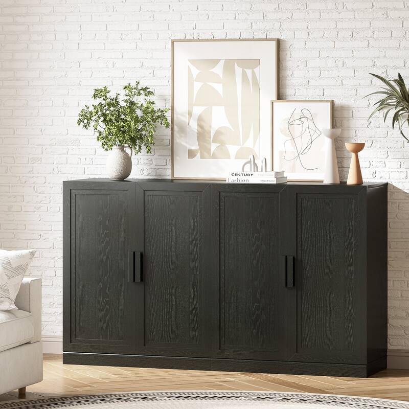 62"Lx36"H Solid Wood Kitchen Pantry Sideboard Buffet Cabinet Storage with Adjustable Shelves - Black