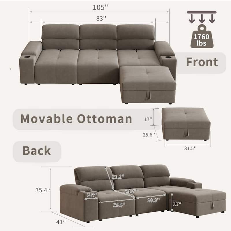 105" Modern L-shaped Cloud Sectional Sofa with Adjustable Backrest and Ottoman