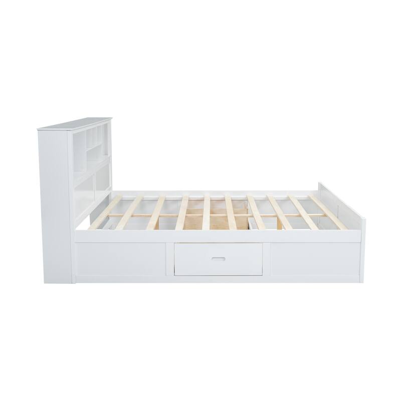 King Size Wood Platform Bed Frame with Multi-Storage Headboard, USB Charging and Drawers, No Box Spring Needed For Bedroom
