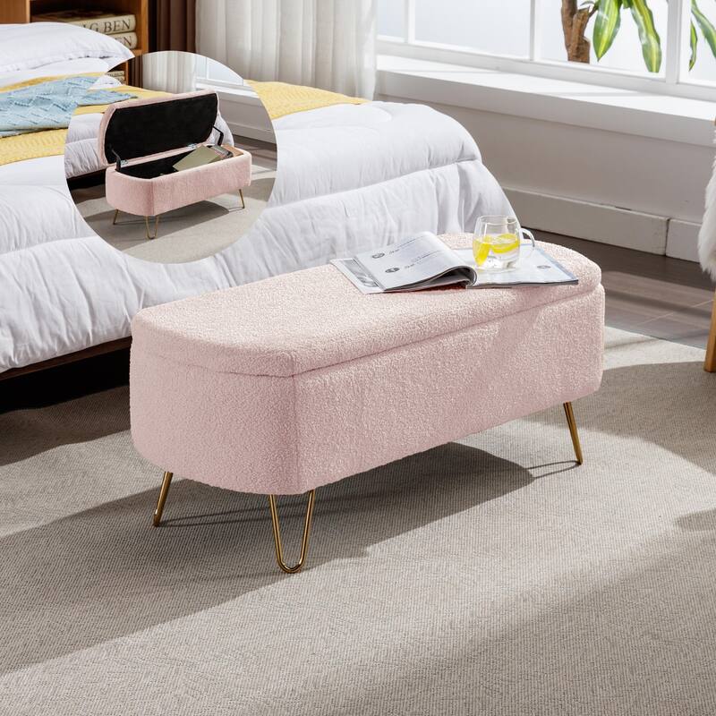 Modern Faux Fur Storage Ottoman Bench with Gold Legs for Living Room, Bedroom, Entryway - Pink