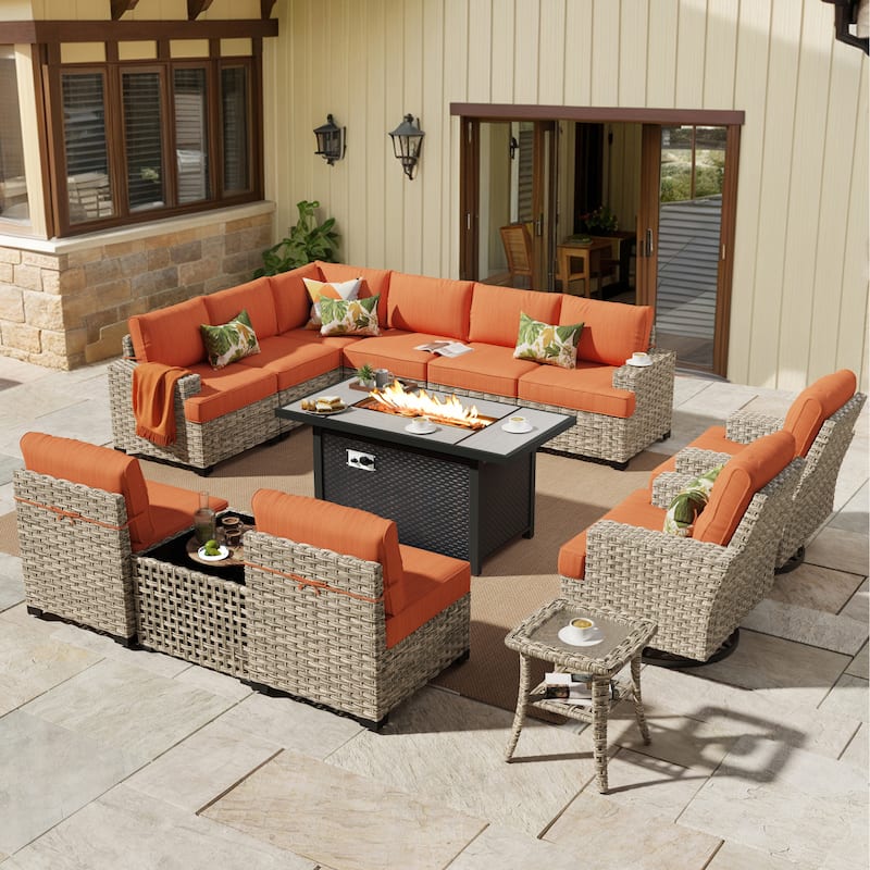 HOOOWOOO 13-piece Outdoor Wicker Furniture Swivel Chair Set with 54" Fire Pit Table - Red/Orange