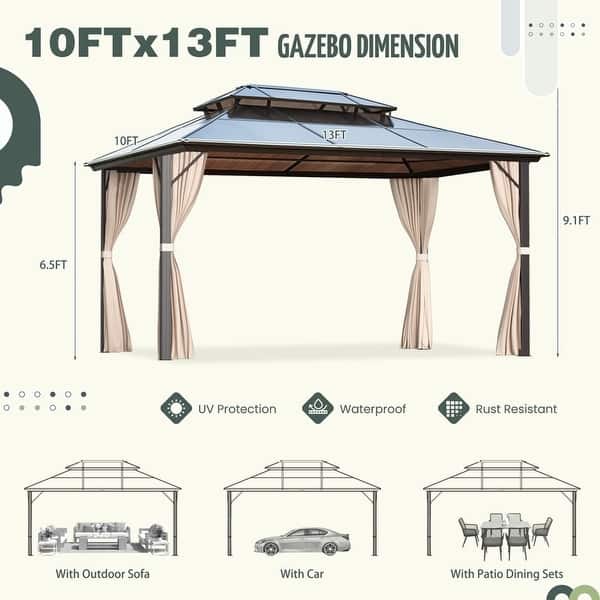 dimension image slide 10 of 16, EROMMY Hardtop Gazebo,Outdoor Pergola with Double Roof & Netting & Curtains,Heavy Duty Canopy for Patio, Backyard, Pool party