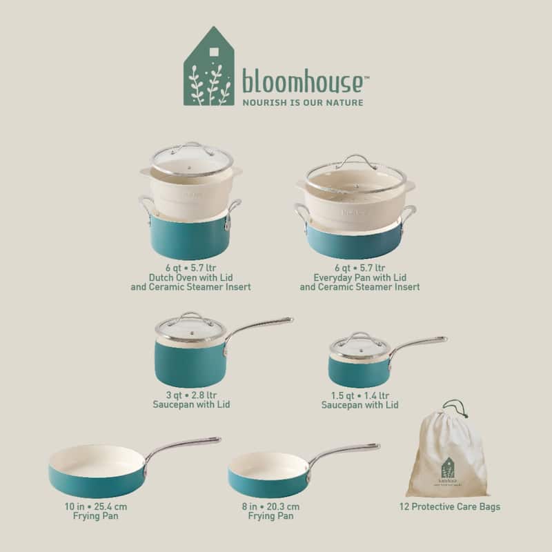 Bloomhouse 12 Piece Aluminum Enamel Cookware Set w/ Non-stick Non-toxic Ceramic Interior and Ceramic Steamer Insert