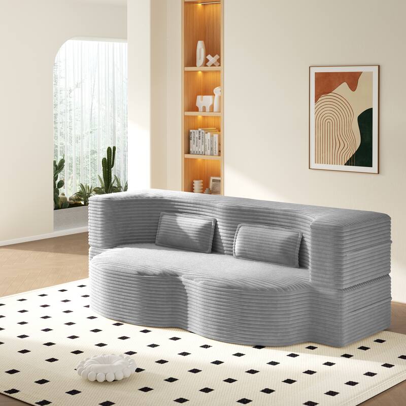 Modern Floor Sofa Bed, Convertible Corduroy Sleeper Couch Folding Loveseat with 2 Pillows