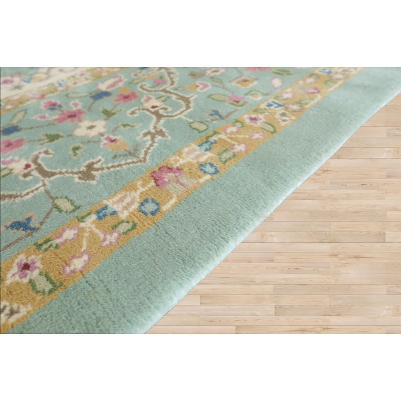 12x15 Hand Knotted Silk Sea Foam Plush Pile Kerman Traditional Rug - 12' x 15'