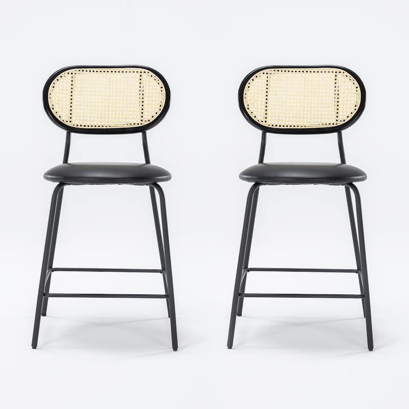 24 in. Rattan Counter Height Bar Stools with Faux Leather Seat (set of 2)