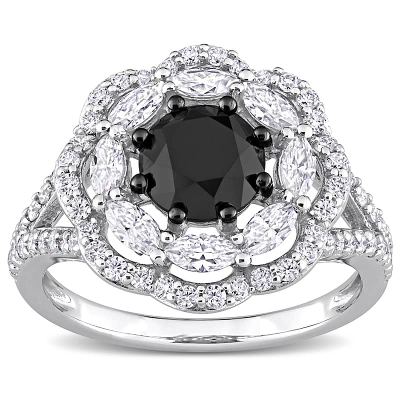 Miadora 10k White Gold 1 1/2ct TDW Black Diamond & 1 3/4ct TGW Created Moissanite Halo Floral Ring