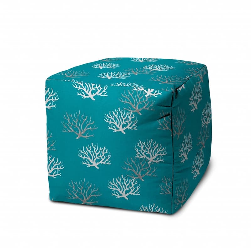 HomeRoots 17" Turquoise White and Gray Polyester Cube Coral Outdoor Pouf Ottoman - 17' X '17' X '17