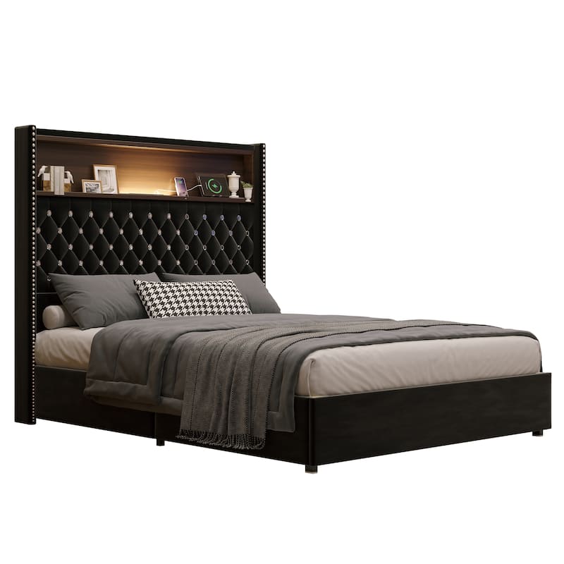 Full Size Velvet Tufted Soft Bed Frame with USB Port and Night Light, 52" High Headboard with Rivet Decoration