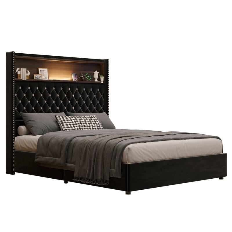 Luxurious Design Platform Bed Frame with USB Port and Night Light