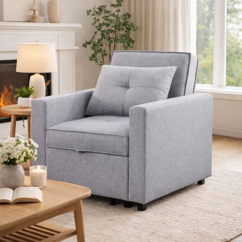 Vito 34 Inch Convertible Sleeper Armchair, Side Pocket, Light Gray Linen