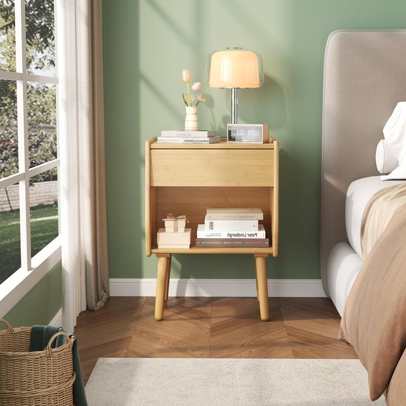 Nightstand With Drawer And Open Compartment, Solid Wood Legs