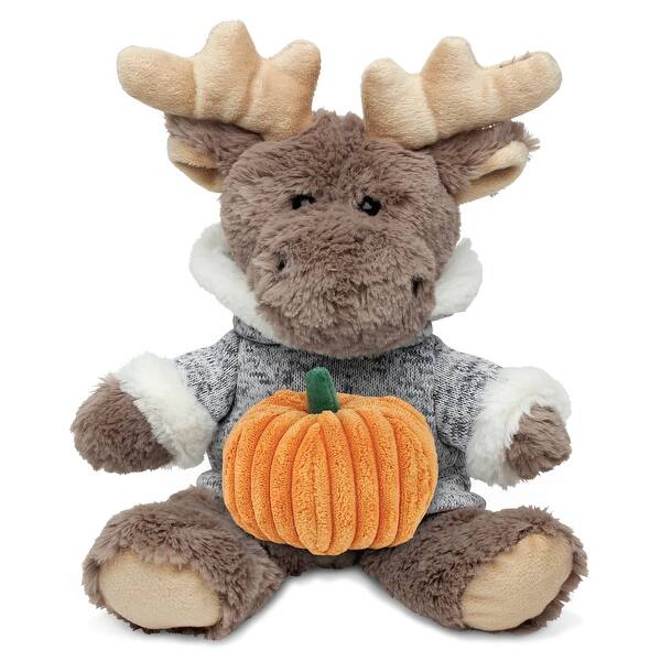 slide 2 of 6, DolliBu Sitting Moose with Sweater Stuffed Animal with Pumpkin Decor - 8 inches