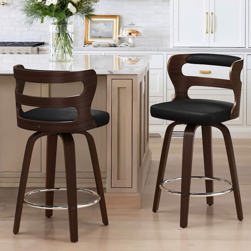 LUE BONA 26" Walnut and Faux Leather Swivel Counter Bar Stools With Backs - 26" H