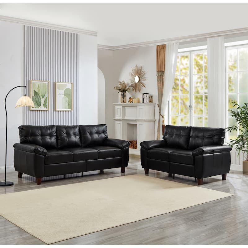 Faux Leather Upholstered Sofa Set of 2 with Loveseat and 3 Seater Couch, Breathable PU Leather Sofa with Storage and Big Armrest - Black