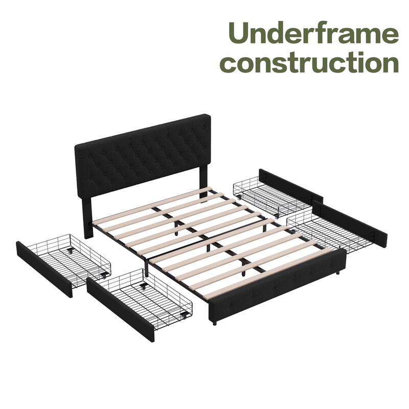 Linen Upholstered Headboard Bed Frame with Large Hidden Storage, 4 Underbed Drawers with Pulleys