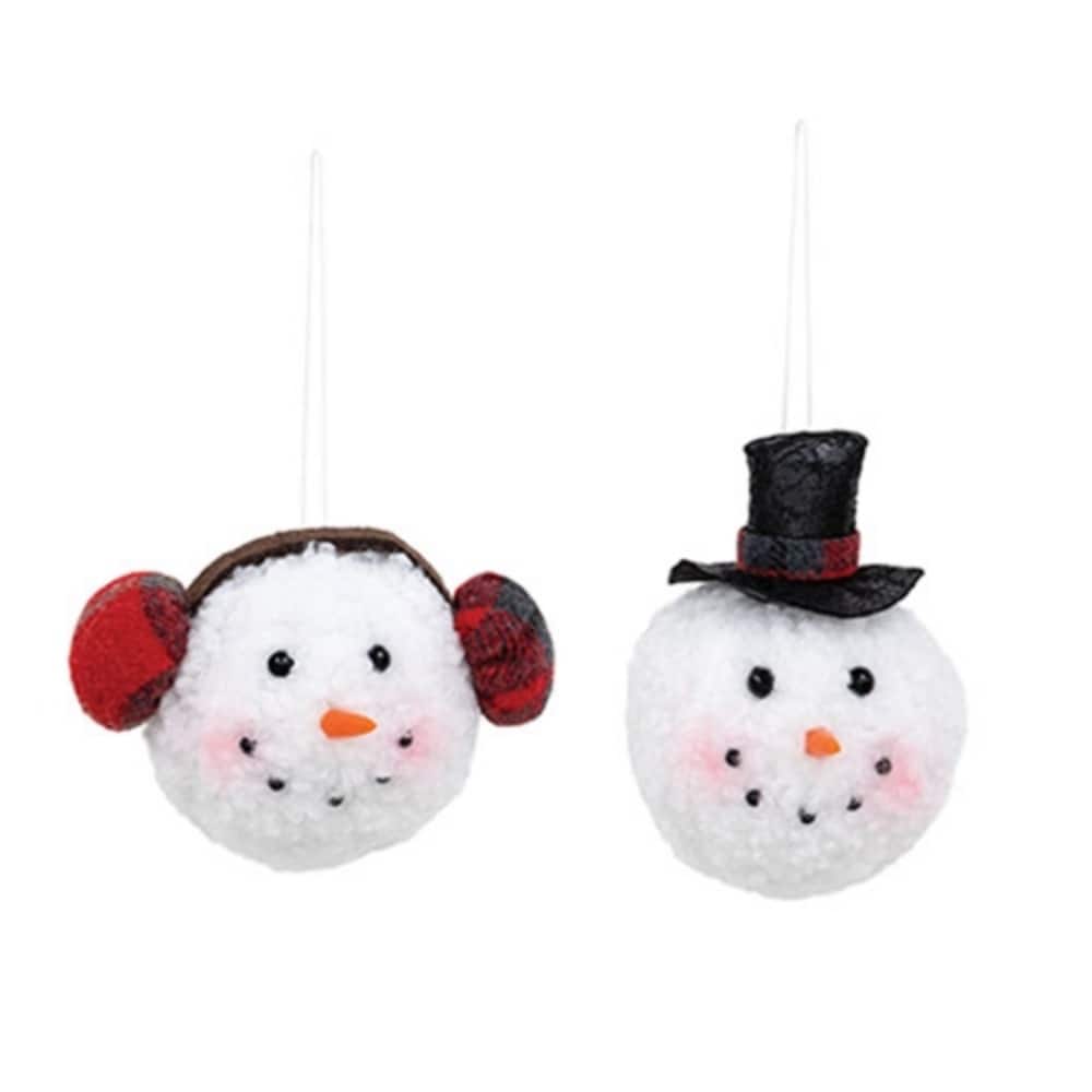 White Red Black Snowman Head Ornament with Fuzzy Finish Christmas Decor 4x3 in, 2 Asstd - 4" H x 3" diameter