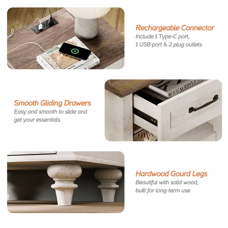 Farmhouse Nightstand Bedside Table, Wood 2-Drawer Side Table