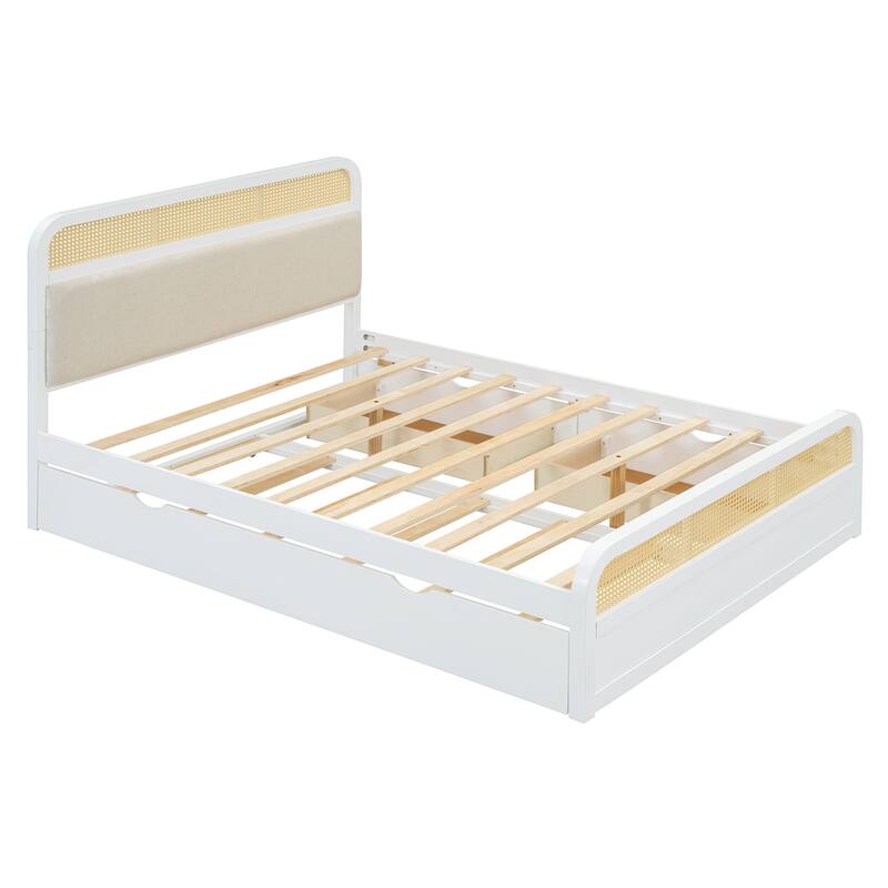 Queen size Wooden Platform Bed with Twin Trundle and 2 Storage Drawers, Classic Rattan Bed Frame with Upholstered Headboard