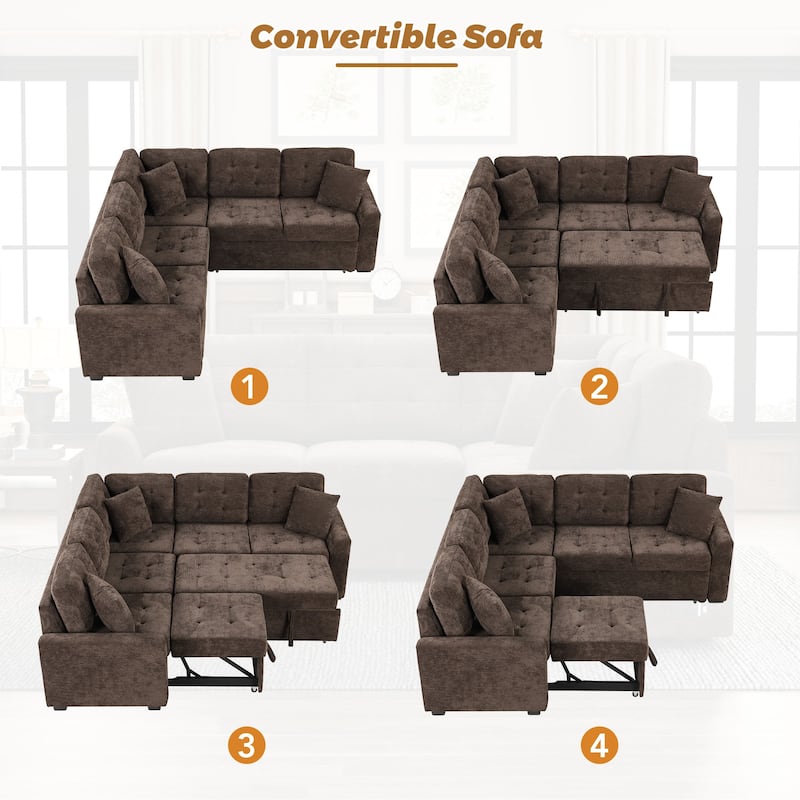 Brown 82.6" Convertible L-Shaped 5 Seater Sectional Sofa with Wheels, Pull-Out Bed, USB Ports and Power Sockets
