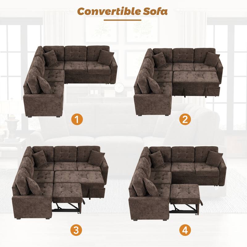 Brown L-Shape Sofa Bed with Pull-Out Sleeper, USB Ports, Power Sockets