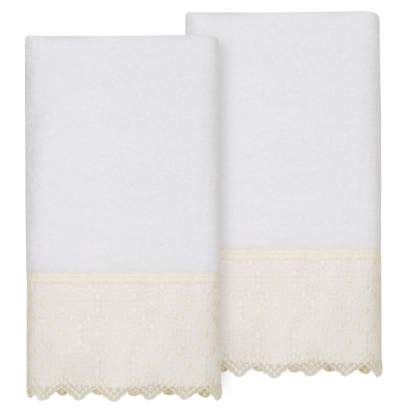 Authentic Hotel and Spa Turkish Cotton Arian 2PC Cream Lace Embellished Bath Towel Set - White