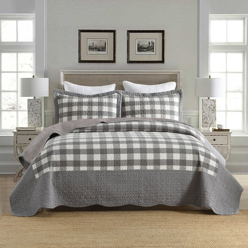 3 Pcs Grey White Checkered Quilted Bedspread Set - Queen