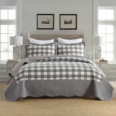 3 Pcs Grey White Checkered Quilted Bedspread Set