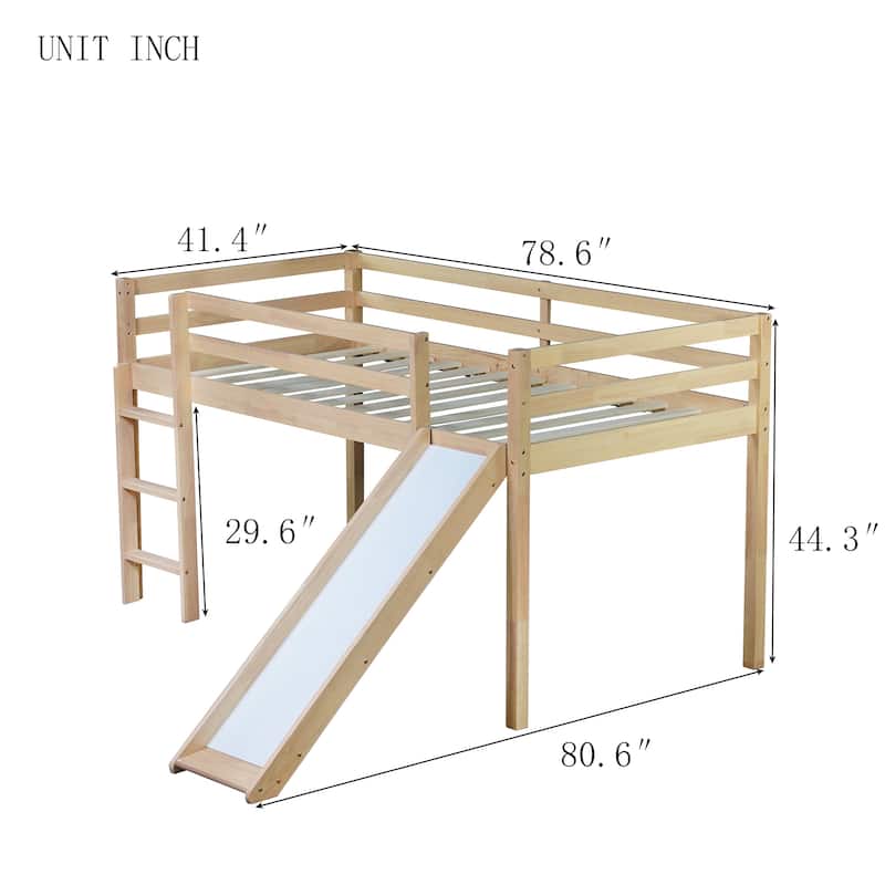 Twin Low Loft Bed with Slide and Ladder, Solid Rubber Wood Loft Bed with Guardrails and Underbed Play or Storage Space