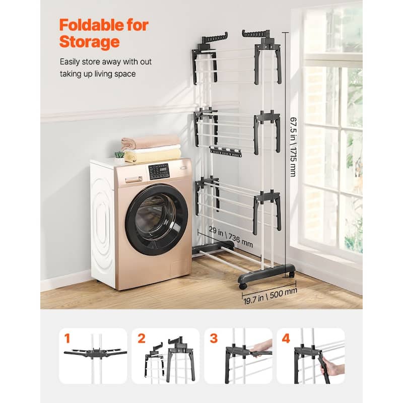 Foldable 4 Tier Clothes Drying Rack with 24 Rods and Wheels Heavy Duty Iron for Indoor Outdoor Use - 49.5" x 25" x 67.5"