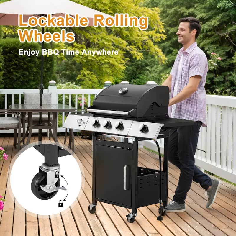 Outdoor Propane Gas Grill with Side Burner, Cast Iron Grates, Storage Cabinet, Easy Clean for Backyard & Patio