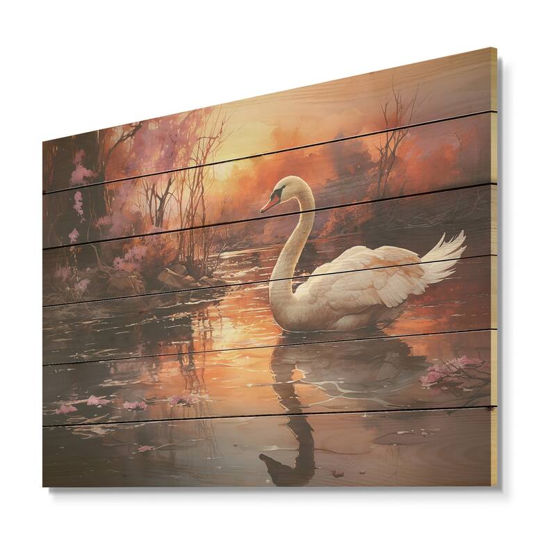 Designart "Mystic Dawns Swan" Swans Wood Wall Decor - Modern Pink Wood Panel On Natural Pine Wood