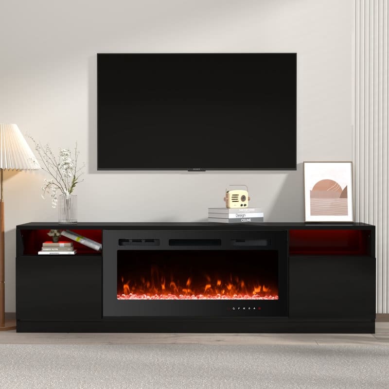 EROMMY 70" Fireplace TV Stand with Electric Heater, Black Entertainment Center for TVs up to 80"