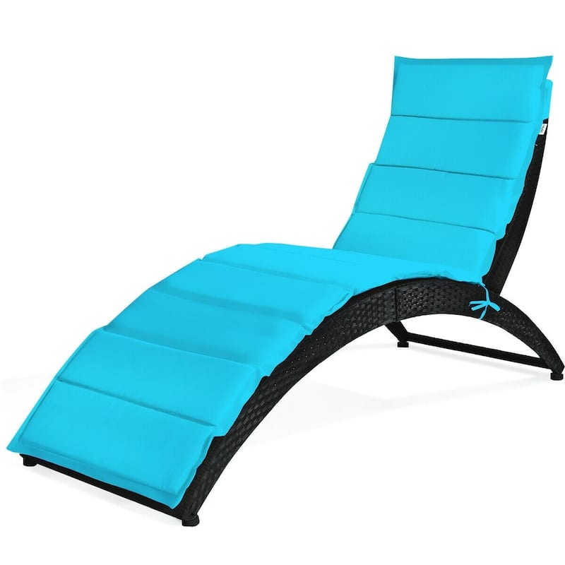 Folding Patio Rattan Portable Lounge Chair Chaise with Cushion - 64'' x 25'' x 37'' (L x W x H)