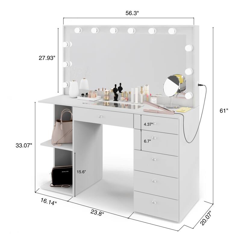 Hollywood Large Makeup Vanity Desk with 12 Light Bulbs; Modern Dressing Table with Multiple Storage Drawers & Crystal Knobs