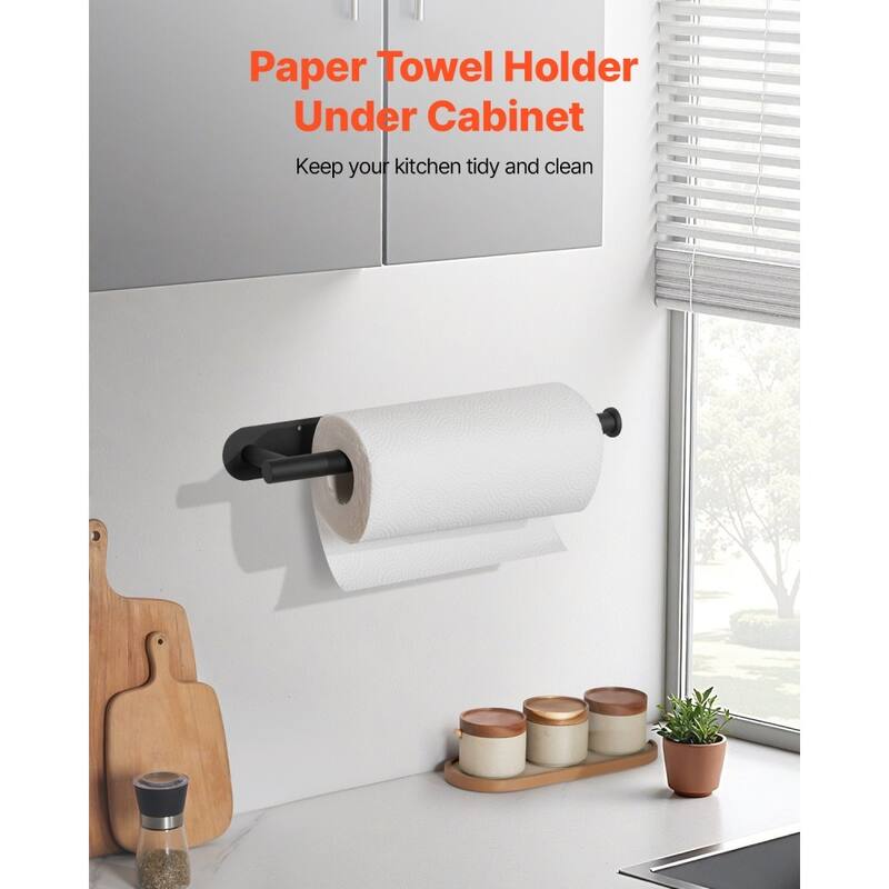 Black Stainless Steel Wall Mounted Paper Towel Holder Under Cabinet and Self-Adhesive or Drilling Installation