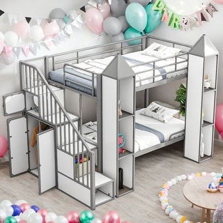 Twin over Twin Castle-shaped Bunk Bed with Wardrobe and Storage for Bedroom