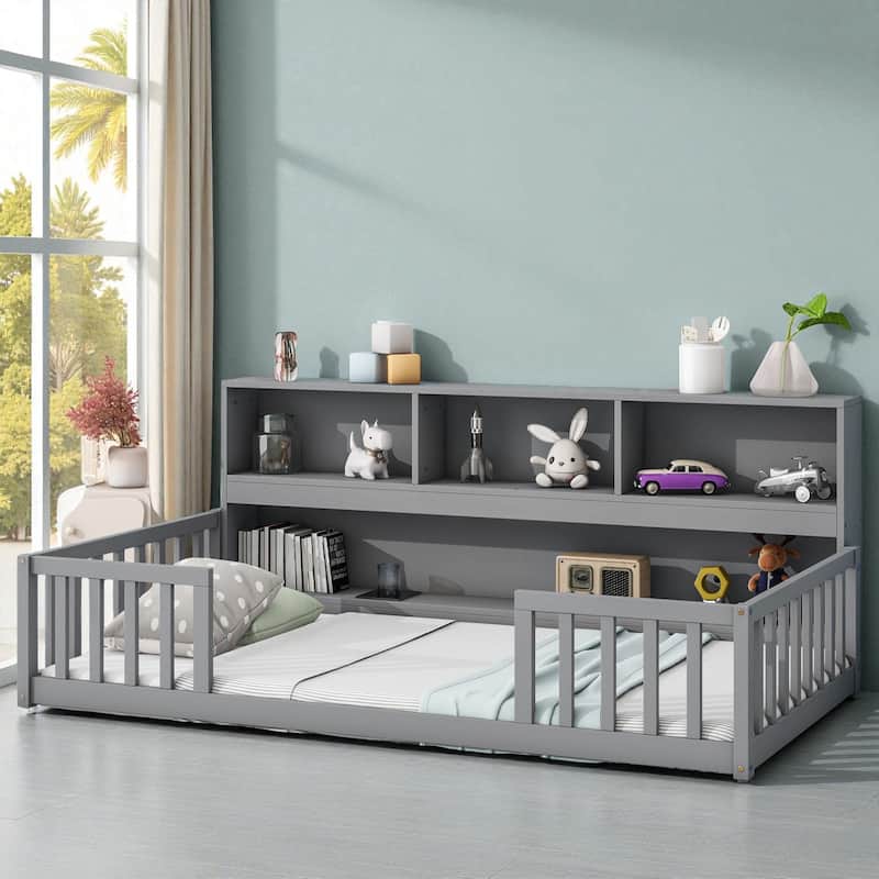 Twin/Full Size Wooden Floor Bed with Bedside Bookcase and Shelves, Low Platform Bed with Guardrails
