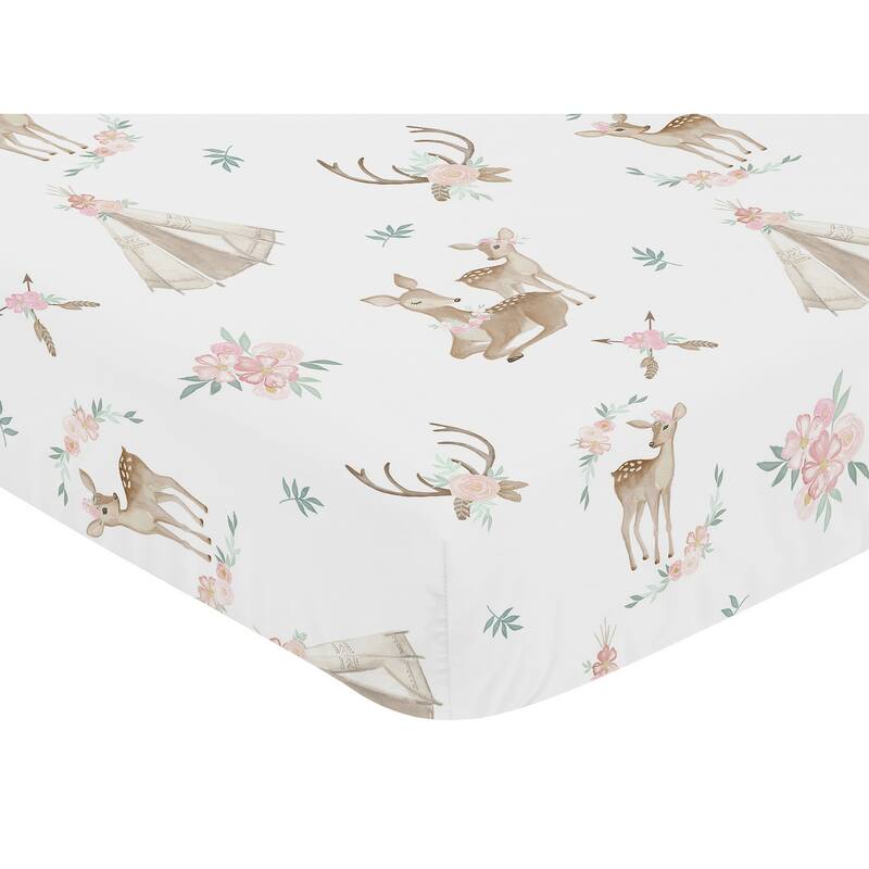 Sweet Jojo Designs Blush Pink, Mint Green and White Boho Woodland Deer Floral Collection Fitted Crib Sheet