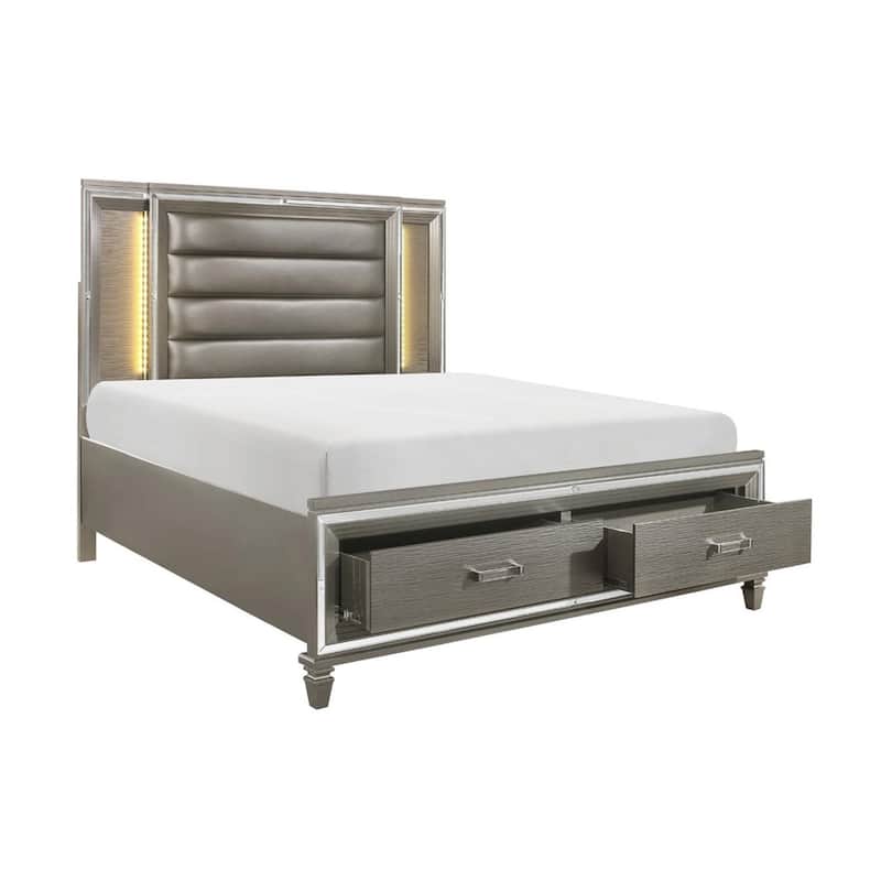 Rosalinda 4 Piece Gray Modern Faux Leather Upholstered LED Storage Platform Bedroom Set